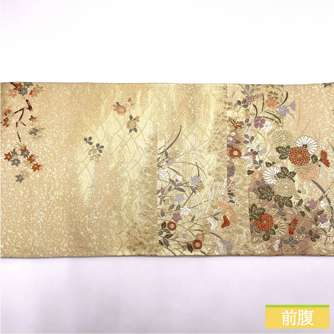 Fukuro Obi, Pure Silk, Four Seasons Flowers, For Tomesode, Length 428cm, S Rank, Six-way, Formal, Gold, 1123014032321