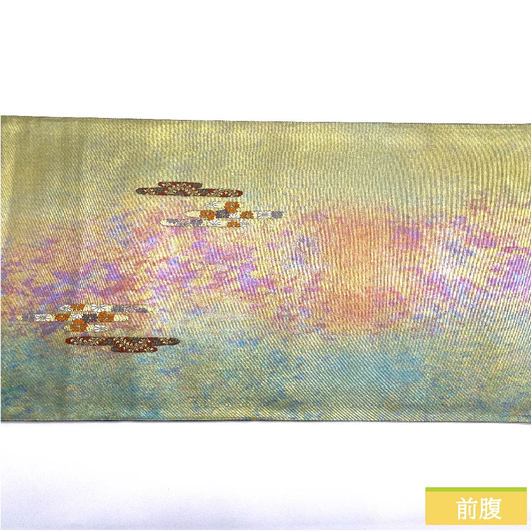 袋帯 玉虫色（たまむしいろ） 扇面 桜 蝶 帯丈438cm 正絹 Sランク ポイント柄 セミフォーマル グラデーション系 1123011082399
