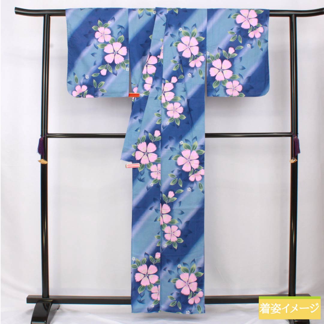 浴衣 木綿 身丈160cm 裄丈64.5cm Sランク 単衣 青系 紺瑠璃色（こんるりいろ） 勿忘草色（わすれなぐさいろ） 斜め縞 撫子 1118006232417