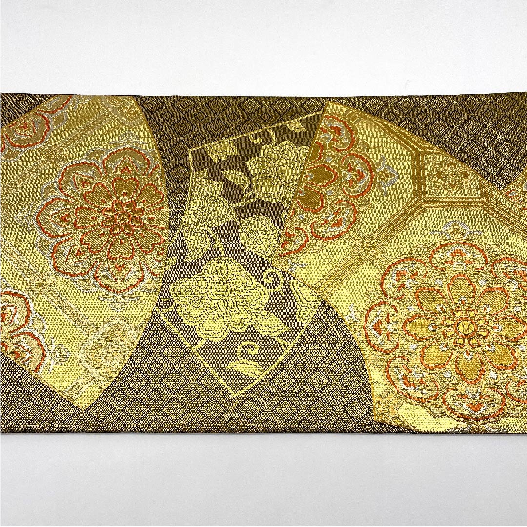Fukuro-obi (sash), gold, pure gold leaf, full-length, ground paper, Shukko flower pattern, fan-shaped, obi length 438cm, pure silk, A rank, full-length, formal, gold-based, 1123006633321