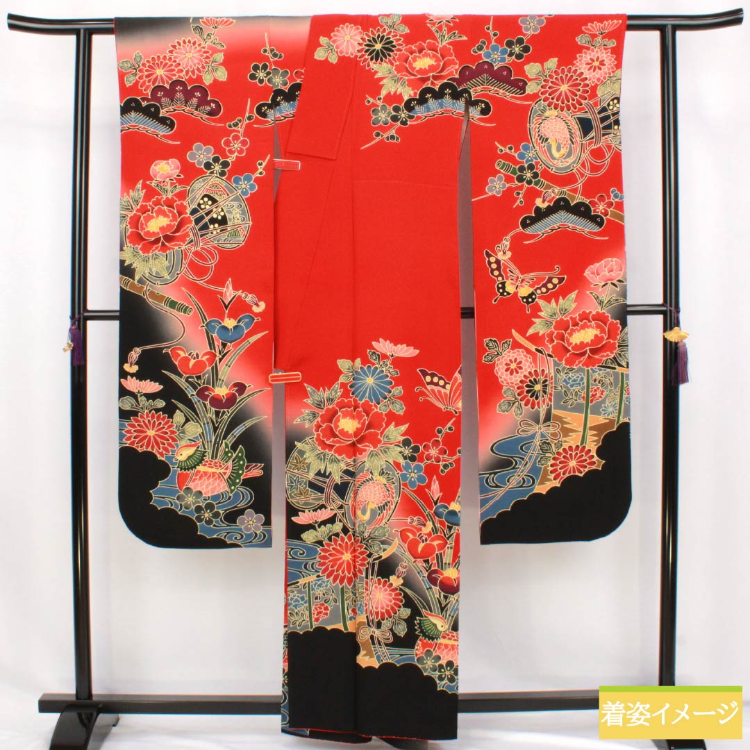 振袖 正絹 Sランク 身丈161.5cm 裄丈67.5cm 袷 赤色（あかいろ） 京紅型 吉祥文様 松竹梅 蝶 鼓 赤系 1113002722412