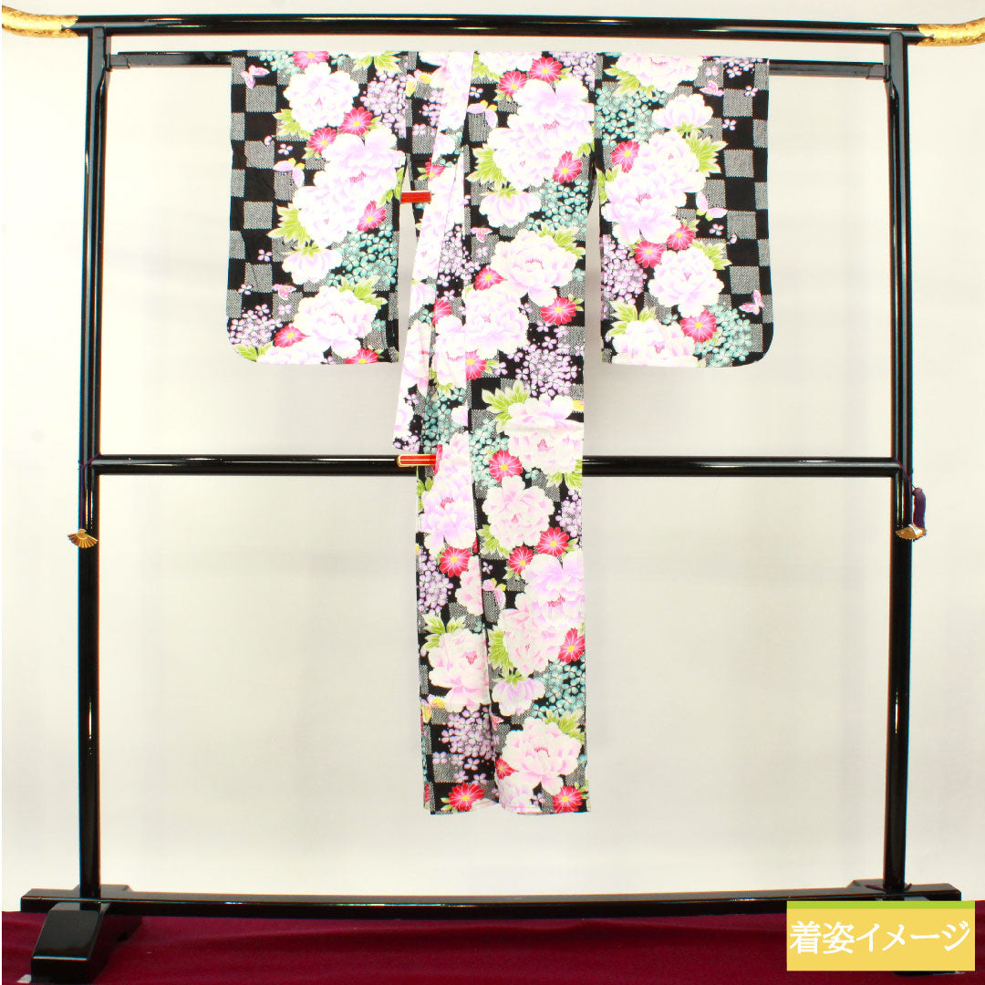 Yukata Cotton Length 138.5cm Sleeve length 61.5cm S rank Single layer Black Peony Hydrangea Butterfly Checkered 1118005122110