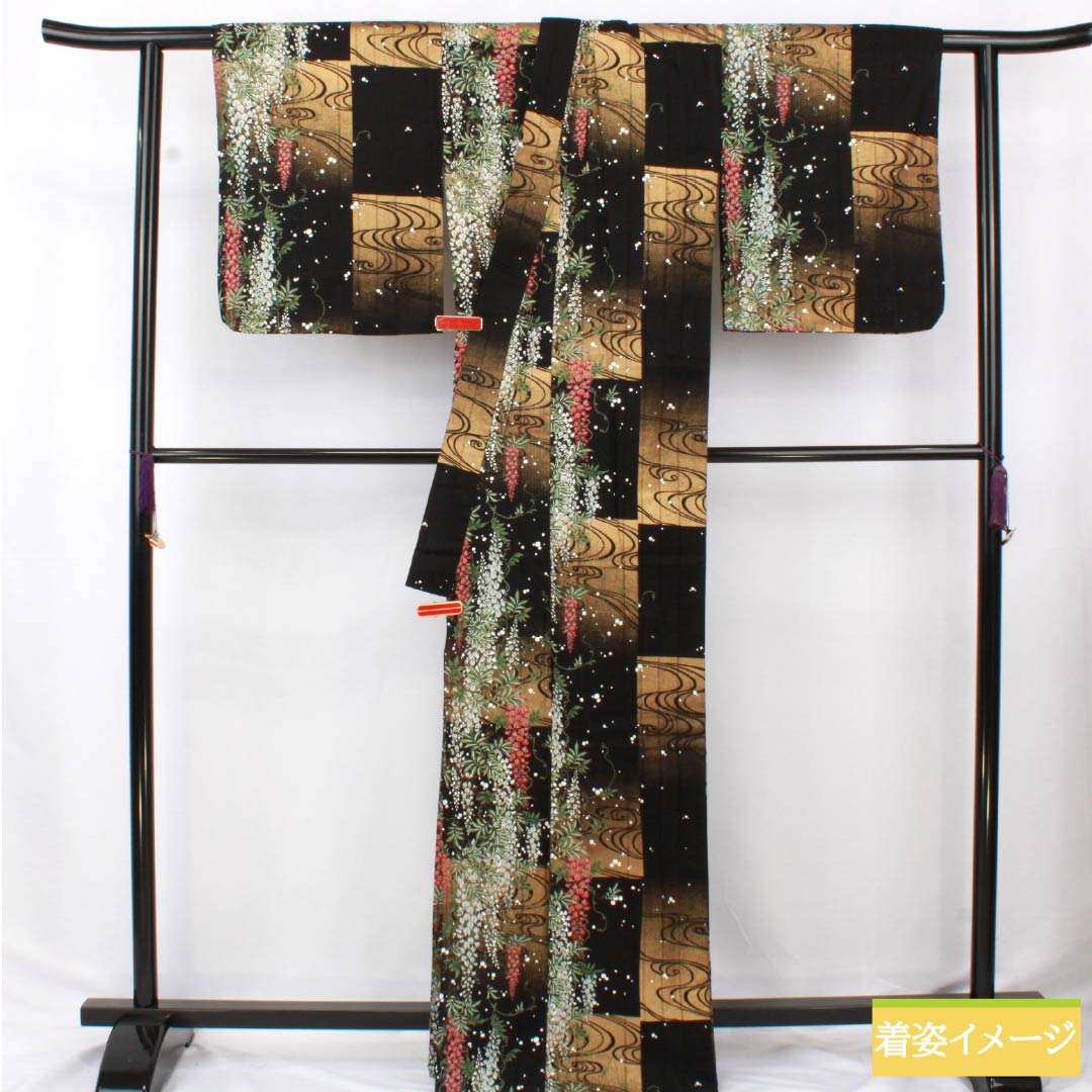 Cotton Yukata, Length 165.5cm, Sleeve Length 67cm, S Rank, Single Layer, Black, Tatero, Wisteria, Flowing Water, Checkered Pattern, 1118006532510