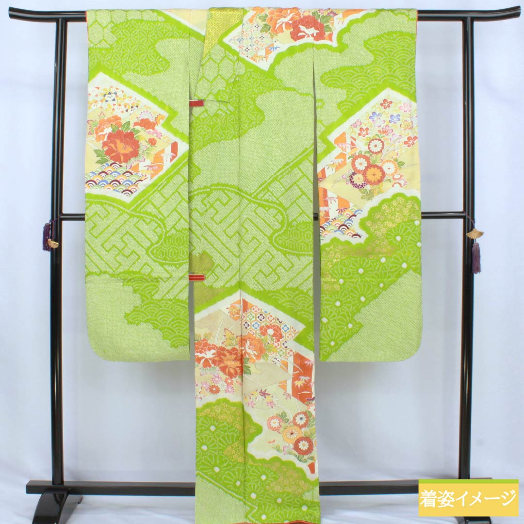 Furisode Pure Silk A Rank Length 167.5cm Sleeve-to-sleeve 64.5cm Lined Moegiiro (Yellowish Green) Kyo Yuzen Shibori Classic Pattern Green 1113002813519