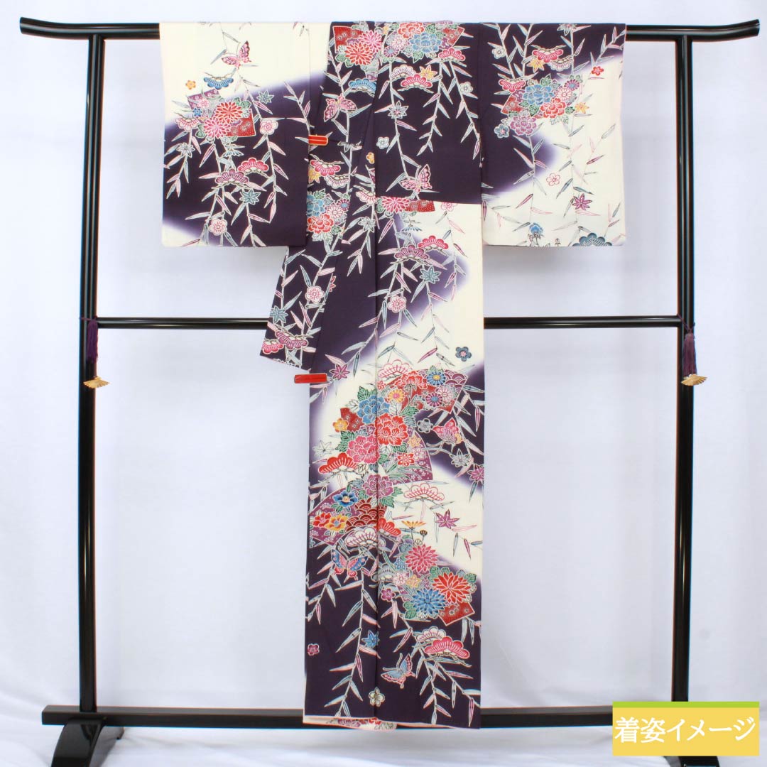 Homongi Silk A Rank Awase 155.5cm Length 62cm Sleeve-to-sleeve Deep Purple Kyo-Bingata Pine, Bamboo, Plum, Butterfly, Fan, Chrysanthemum Purple System 1112006403320