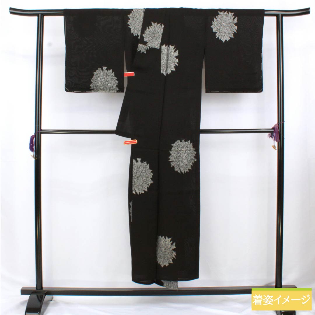 Summer Polyester Komon Kimono, Length 147cm, Sleeve Length 64.5cm, Embroidered Abstract Pattern, Gauze, S Rank, Black, 1132002412110