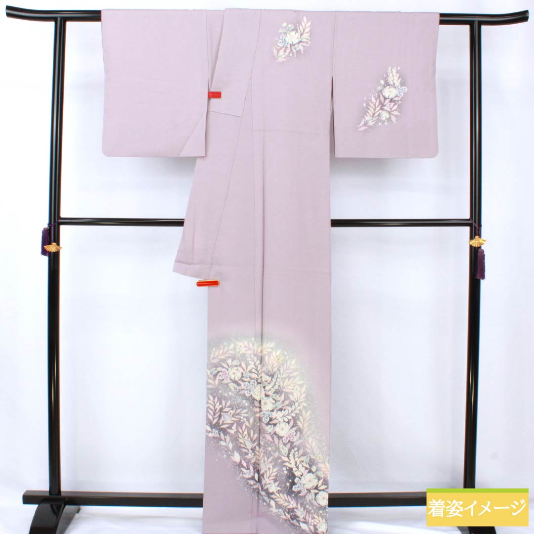 Visiting Kimono, Pure Silk, S Rank, Lined, Length 165cm, Sleeve Length 64.5cm, Shrimp-colored, Kyoto Yuzen, Tsujigahana Pattern, Purple, Item Number: 1112007222520