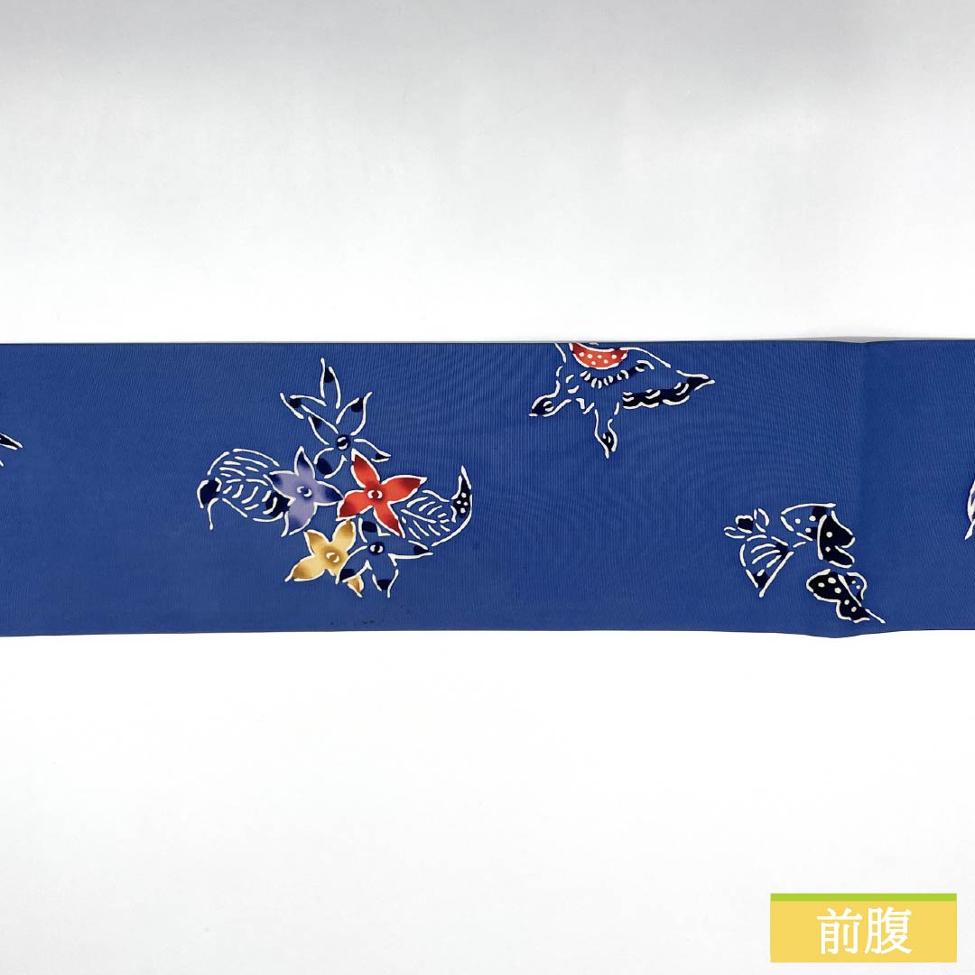 名古屋帯 正絹 Aランク 露草色（つゆくさいろ） 型染 紅型調 花模様 帯丈350cm ポイント柄 カジュアル 青系 1124010583317 名古屋仕立て