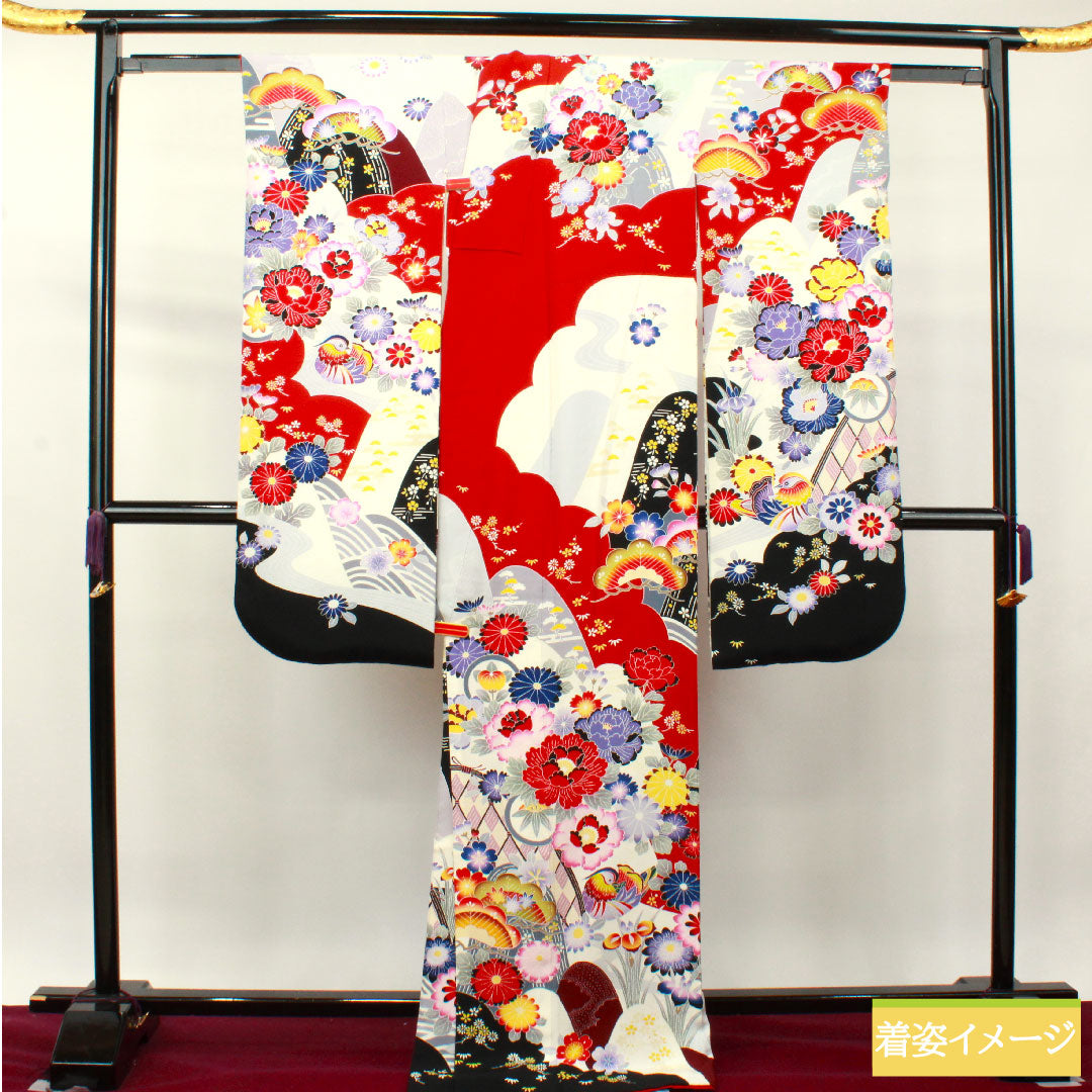 Furisode, pure silk, length 171cm, sleeve length 65cm, lined, Kyoto Yuzen, floral pattern, Seigaiha, mandarin ducks, S rank, gradation style, 1113001802699