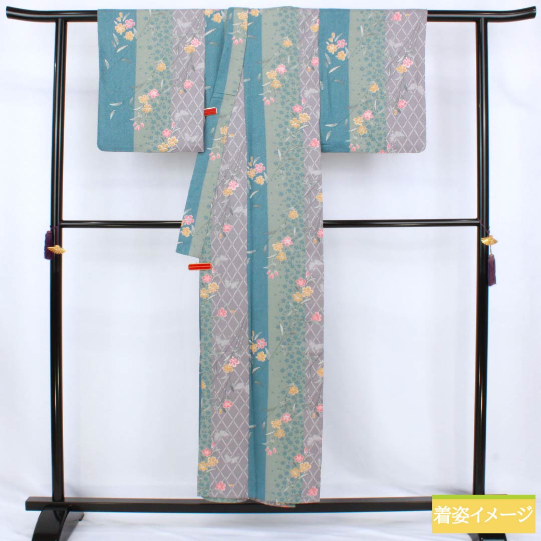 小紋 ポリエステル Sランク 身丈152cm 裄丈63.5cm 単衣 型染 草花 蝶 洗える着物 グラデーション系 1115007782299