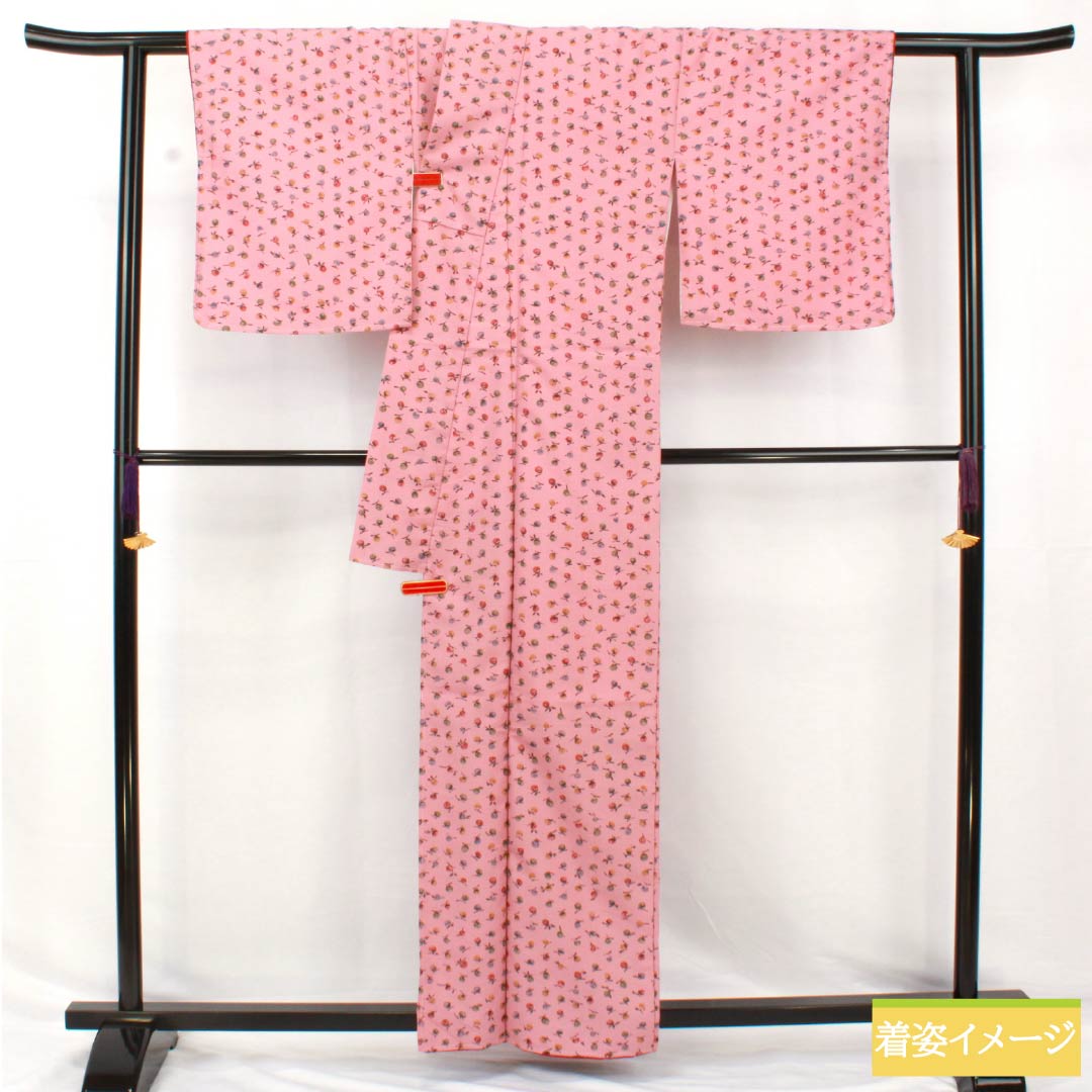 Small pattern, polyester, length 160cm, sleeve length 67cm, lined, one-kin dyeing, stencil dyeing, washable kimono, fruit, with basting thread, S rank, pink, 1115005022413