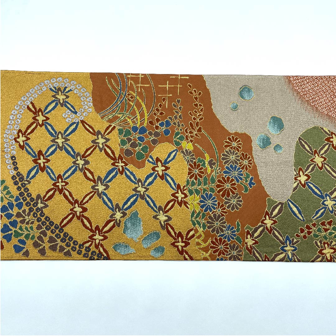 袋帯 弁柄色（べんがらいろ） 白綾苑大庭 藤 七宝 小菊 帯丈430cm 正絹 Sランク 六通 セミフォーマル グラデーション系 1123008662399