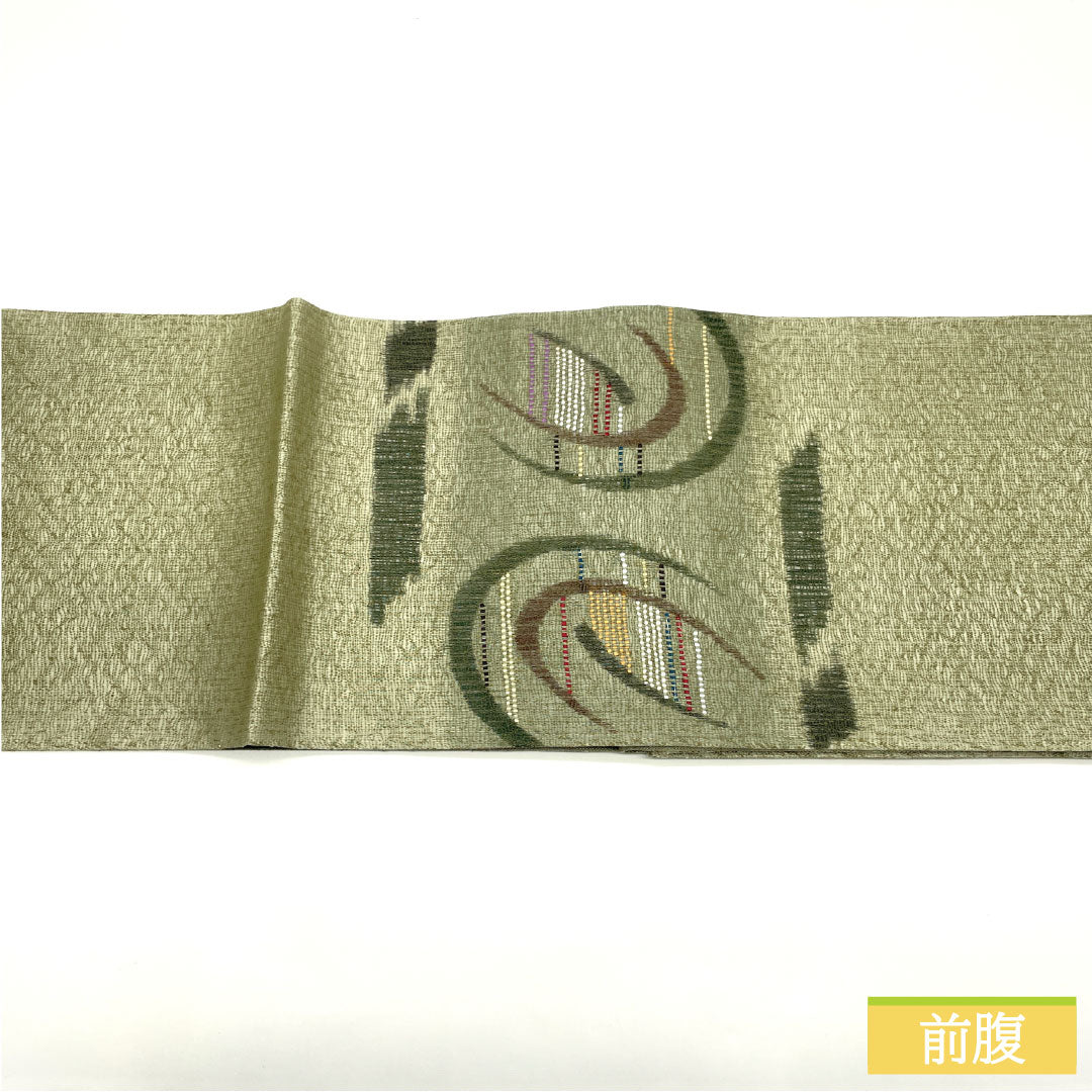Fukuro Obi (Sash), Pure Silk, S-Rank, Comb Weave, Nishijin-ori, Abstract Pattern, Length 472cm, Pointed Pattern, Casual, Green, Item Number 1123016772419