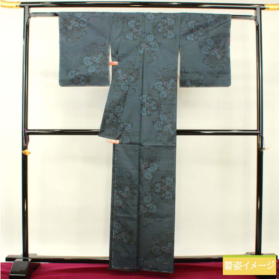 Tsumugi, pure silk, length 162.5cm, sleeve length 64cm, flower pattern, A rank, lined, navy blue, 1116003303418