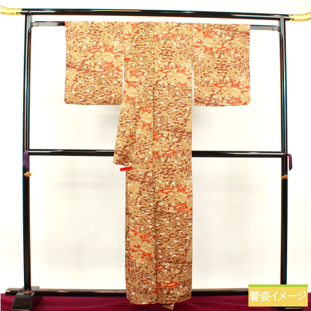 小紋 正絹 身丈157cm 裄丈64.5cm 袷  濃茶色 茶屋辻 松竹梅  Sランク 茶系 1115003602314