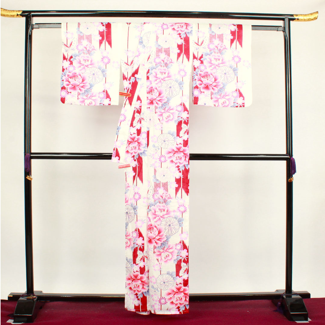 Yukata, floral pattern, cotton, S rank, single layer, length 161.5cm, sleeve length 65.5cm, white, 1118001472411