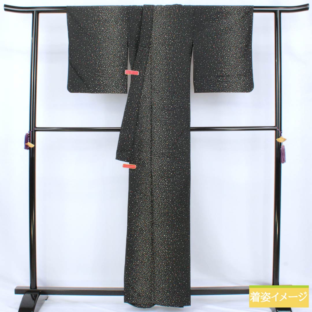 小紋 ポリエステル Sランク 身丈160cm 裄丈62.5cm 単衣 タタキ染 洗える着物 黒系 1115008042410