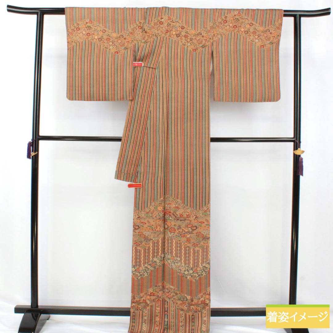 Visiting Kimono, Pure Silk, S Rank, Lined, Length 165.5cm, Sleeve Length 66.5cm, Enshu Brown, Kyoto Bingata Pattern, Striped, Chayatsuji, Orange, Item Number: 1112006892526