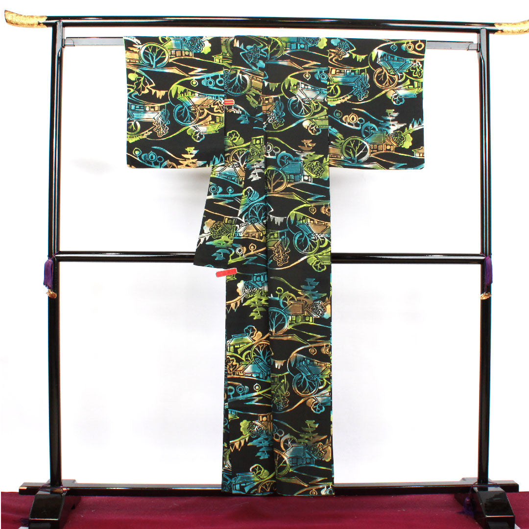 小紋 身丈155cm 裄丈63cm 袷  ろうけつ染め 風景模様  正絹 Sランク 黒系 1115003472310