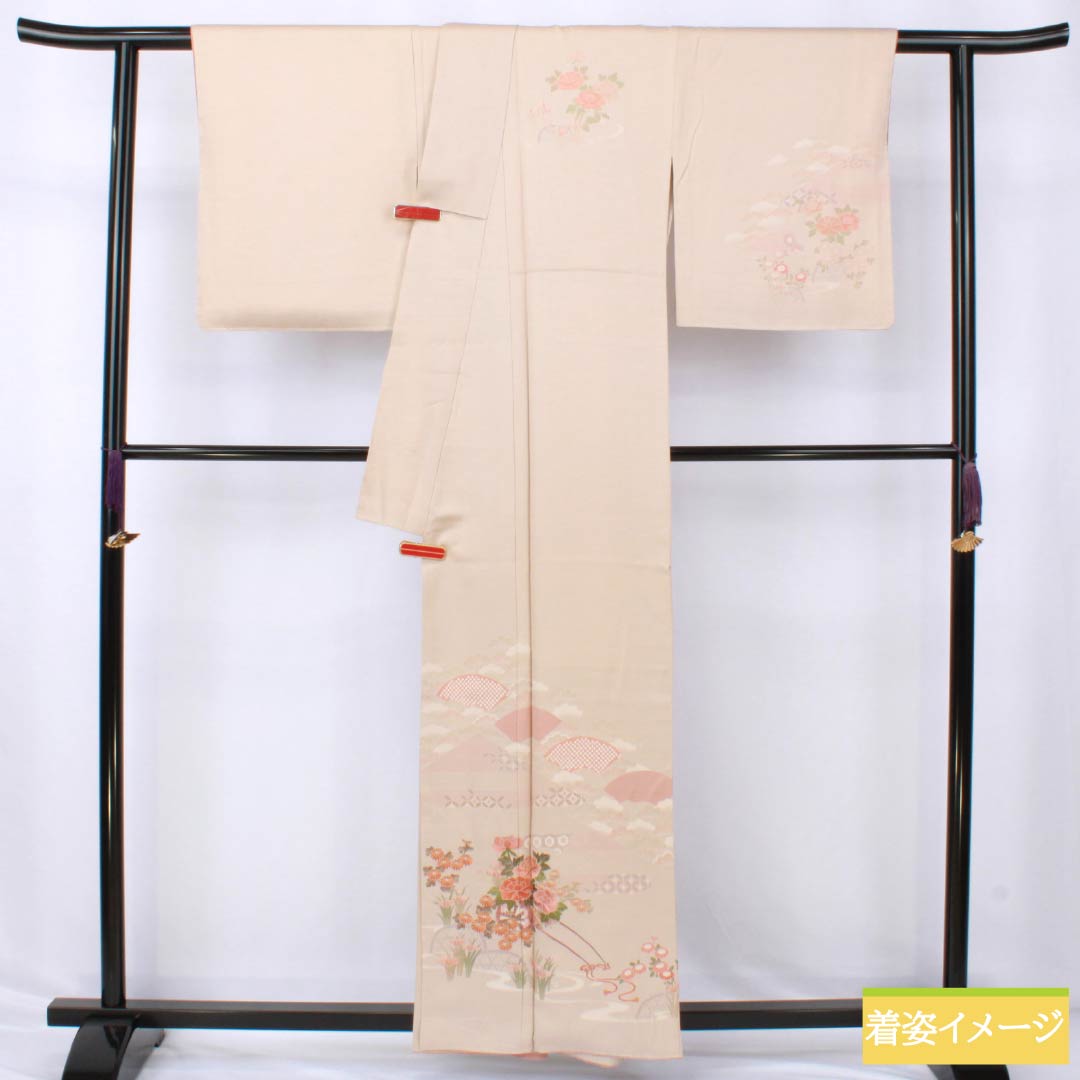 Visiting Kimono, Pure Silk, S-Rank, Lined, Length 159cm, Sleeve Length 68cm, Okina Brown (Okina-chairo), Kyoto Yuzen, Tsukesage, Suzhou Embroidery, Floating Carriage, Fan Design, Pink, Product Number: 1112006622313