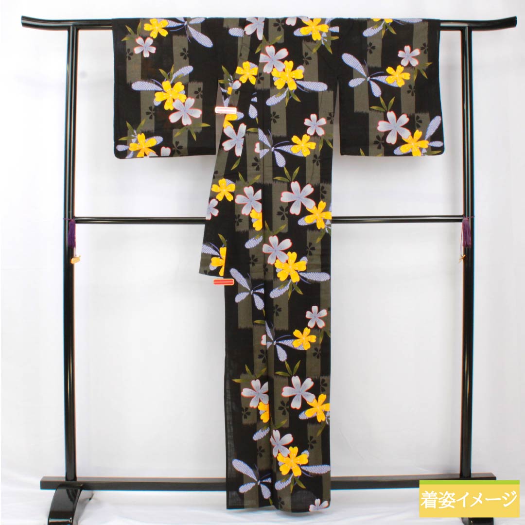 浴衣 木綿 身丈162.5cm 裄丈67cm Sランク 単衣 グラデーション系 鈍色（にびいろ） 桜 蝶 1118005252499