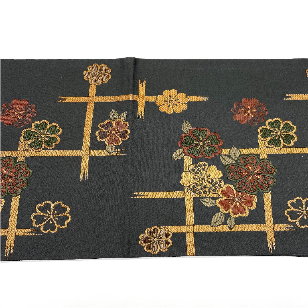 名古屋帯 京袋帯 具墨色 桜 井桁 帯丈374cm ポリ Aランク 六通 セミフォーマル グレー系 1124003313322  開き仕立て