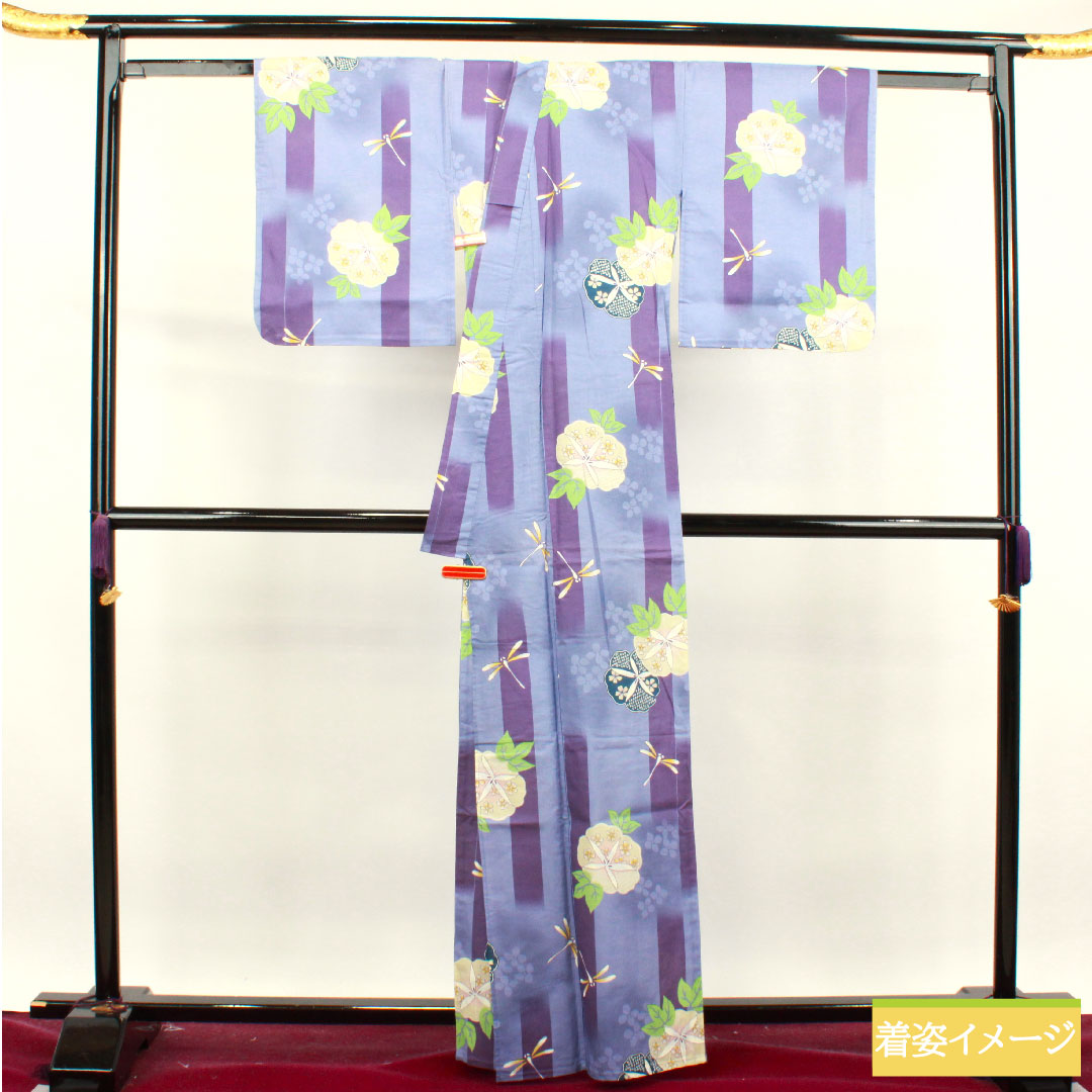 浴衣 木綿 身丈162.5cm 裄丈63.5cm Sランク 単衣 紫系 紅碧色（べにみどりいろ） とんぼ 朝顔 1118004762420