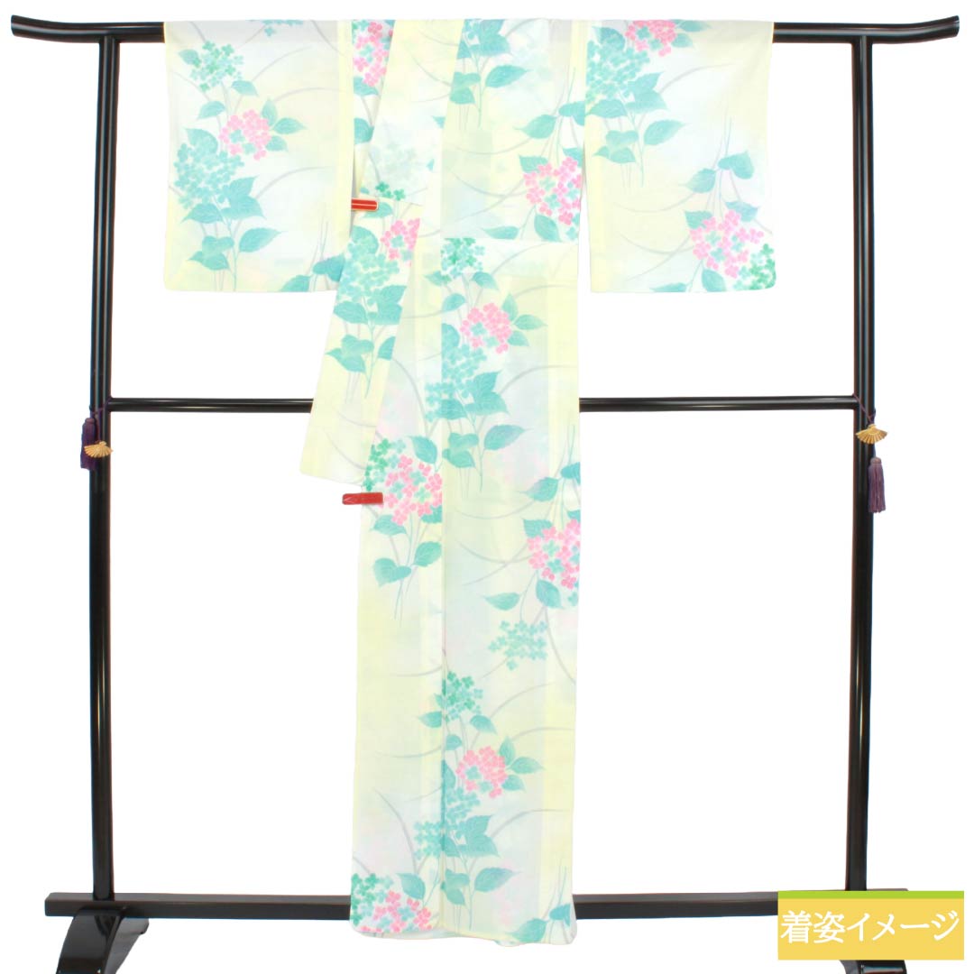 夏物 ポリエステル 小紋 Aランク 身丈159.5cm 裄丈63cm タタキ染 型染 紫陽花 洗える着物 絽 黄系 1132004943323