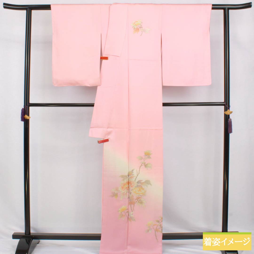 訪問着 正絹 Sランク 袷 身丈166cm 裄丈64cm 浅紅色（あさべにいろ） 付下げ 金彩 花 しつけ糸付き ピンク系 1112007812513