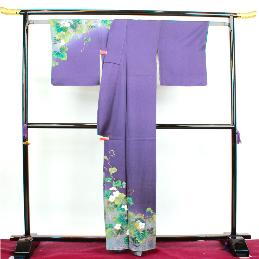 訪問着 正絹 袷 身丈159.5cm 裄丈67cm 緋紺色 中村乃武夫 草花模様 作家物 桔梗に三つ鱗 Sランク 紫系 1112002782320