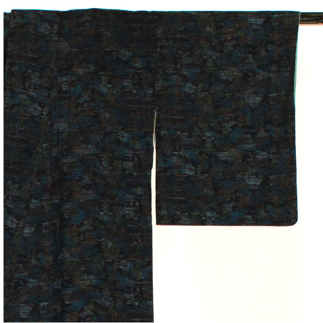 Tsumugi, Length 158cm, Sleeve length 62.5cm, Landscape pattern, Pure silk, S rank, Lined, Navy blue, 1116001292318