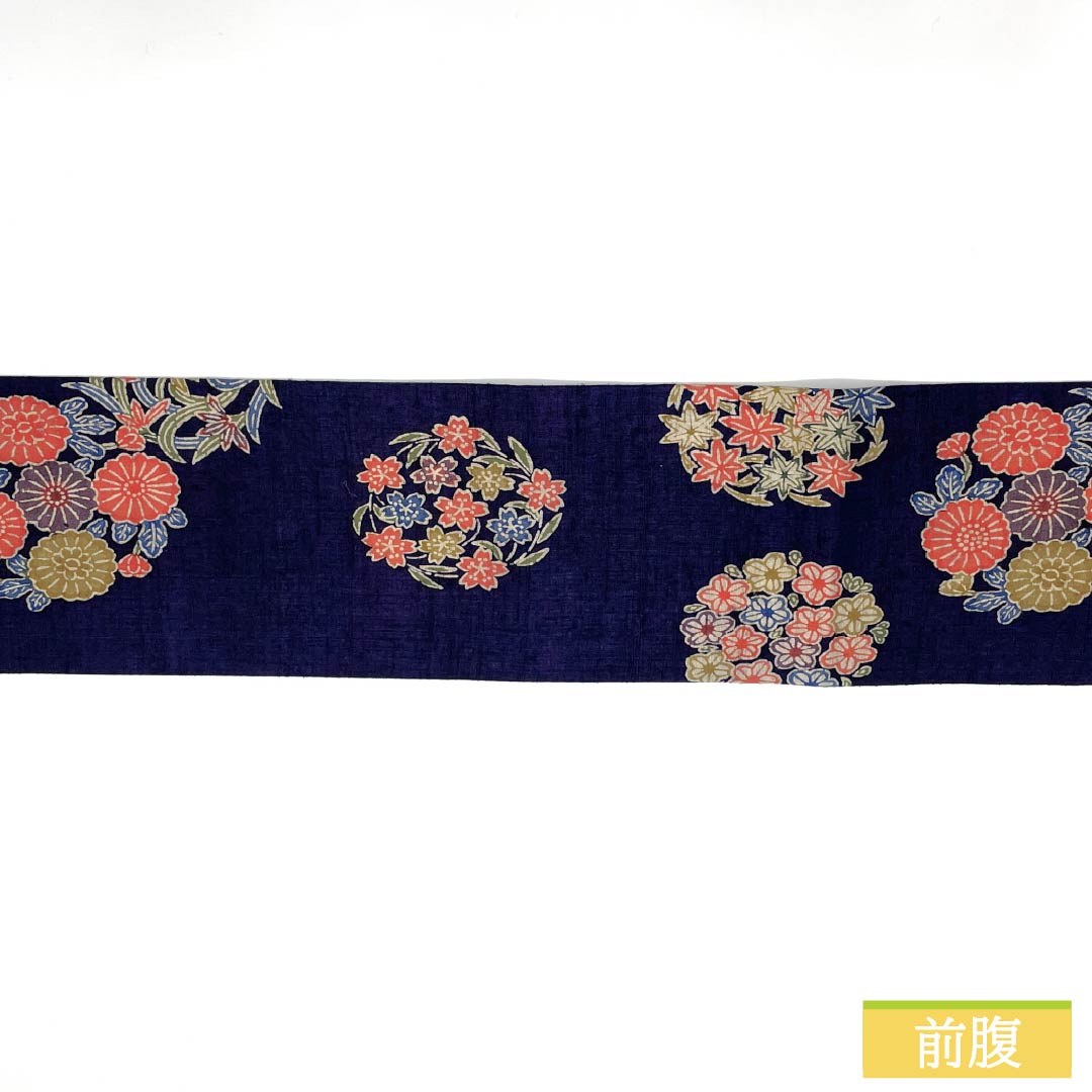 Nagoya Obi, Pure Silk, S-Rank, Gold-Blue, Stencil-Dyed, Flower and Circle Pattern, Autumn Leaves, Length 378cm, Full Length, Casual, Navy Blue, Item Number 1124009732318, Nagoya Style