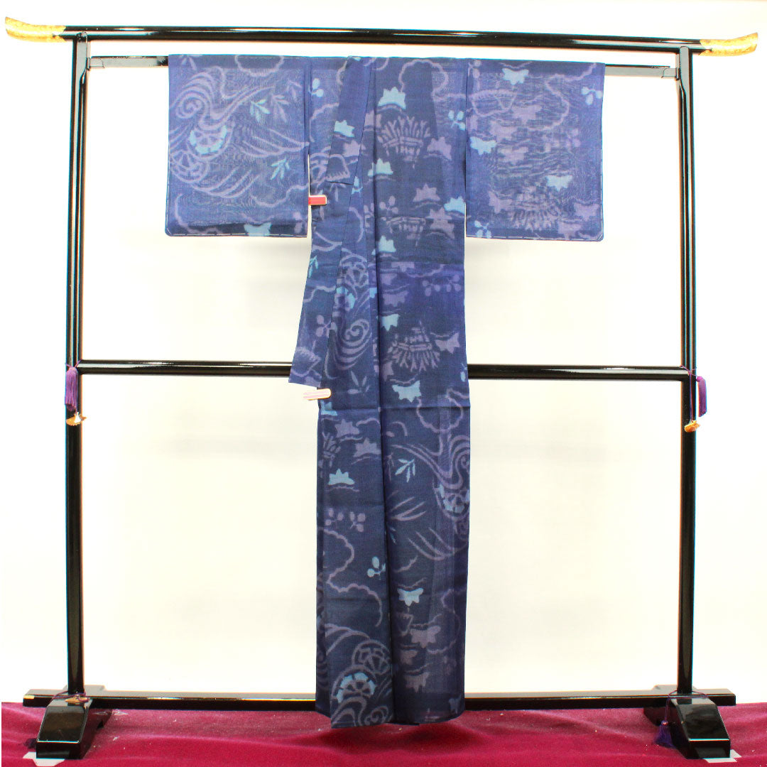 夏物 正絹 紬 身丈158cm 裄丈66cm 緋紺色（ひこんいろ） 抽象模様 しつけ糸付き 紗 Aランク 紫系 1132000913320
