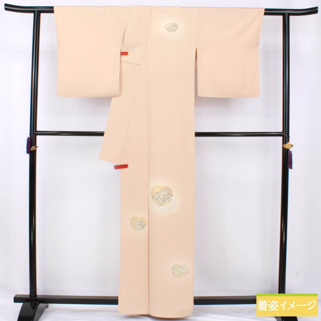 Visiting Kimono, Pure Silk, A-Rank, Lined, Length 161cm, Sleeve Length 66cm, Light Color (Usunikuiro), Single Crest, Shade-Arise Wisteria, Embroidered Landscape, Tsukesage, Orange, Product Number: 1112007143426