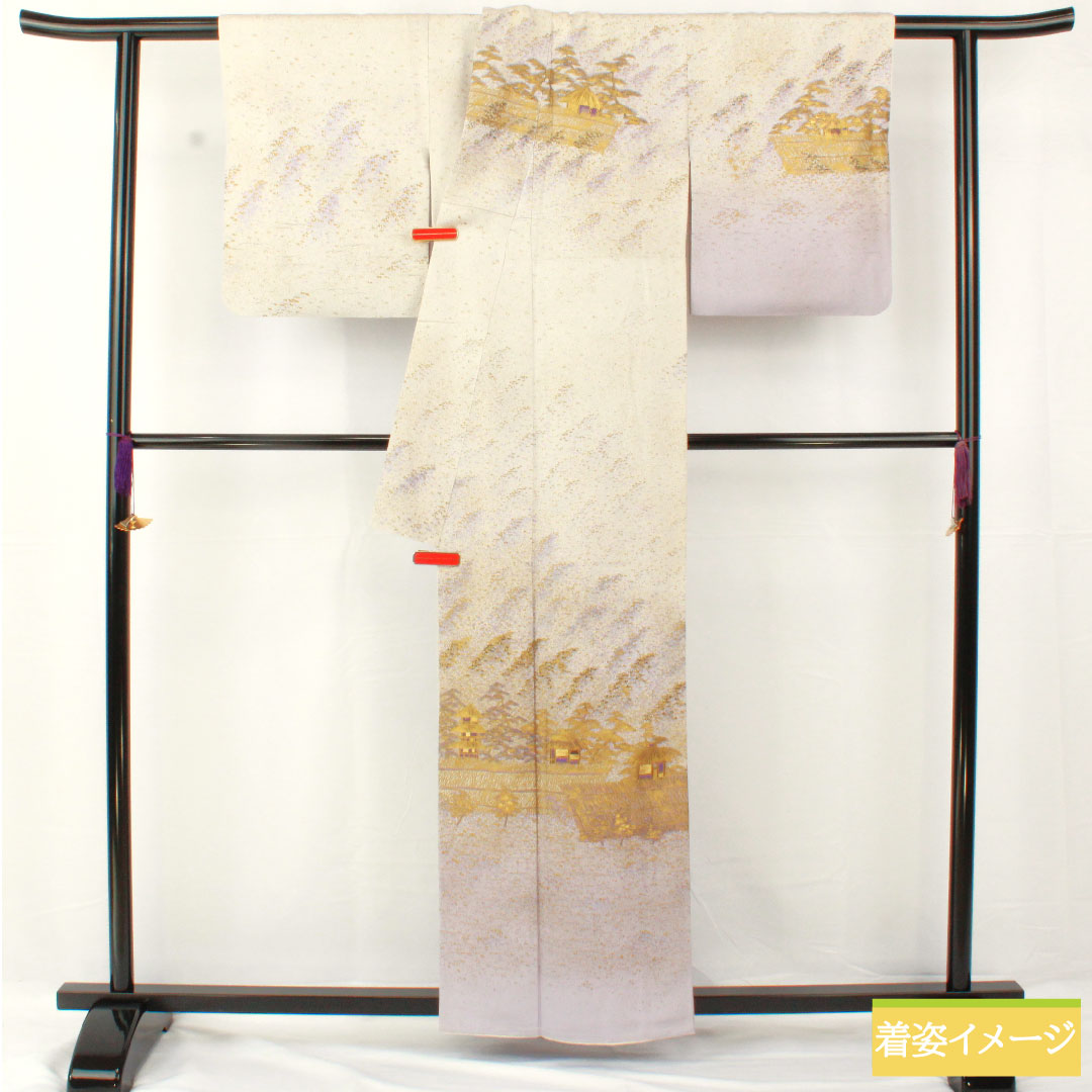 訪問着 正絹 袷 身丈158cm 裄丈62cm 銀白色（ぎんはくしょく） 京友禅 風景模様 パールトーン加工 作家物 Aランク グレー系 1112004963322