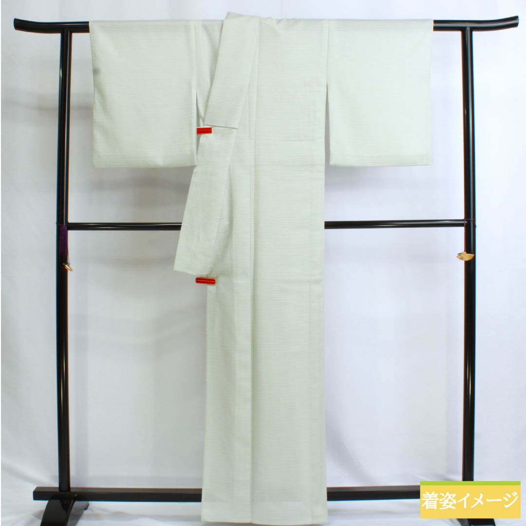 夏物 ポリエステル 色無地 Aランク 身丈163cm 裄丈66cm 青白磁色（せいはくじいろ） 一つ紋 五三桐 洗える着物 絽 緑系 1132002903419
