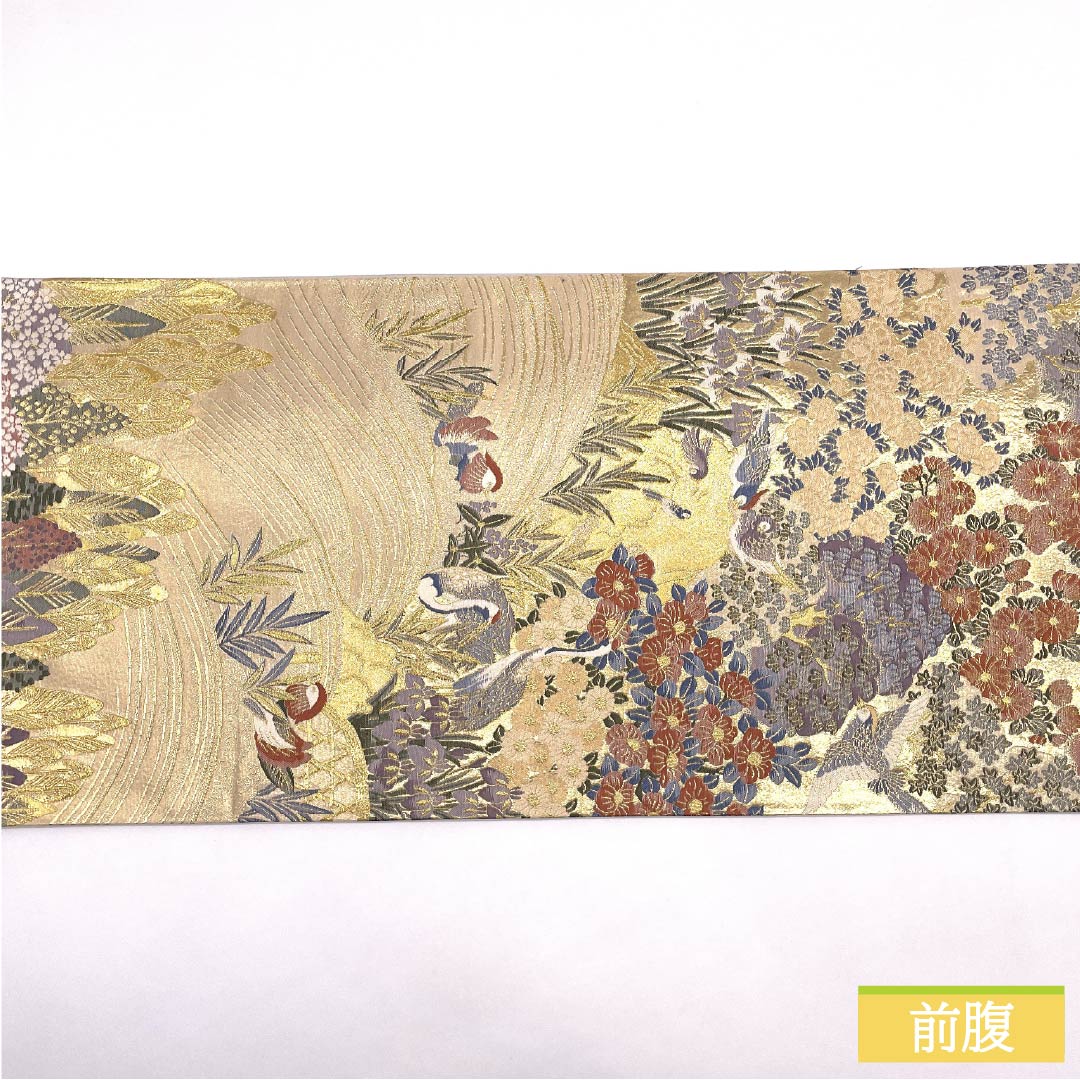 Fukuro Obi, pure silk, gold color, crane, phoenix, mandarin ducks, landscape, obi length 432cm, S rank, six-way, formal, gold-based, 1123012062321