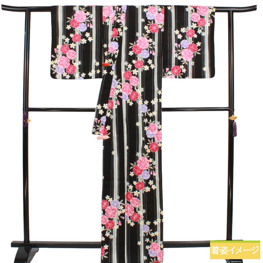 浴衣 木綿 Sランク 身丈167cm 裄丈65cm 黒色 縞 洋花 型染 単衣 黒系 1118006852510
