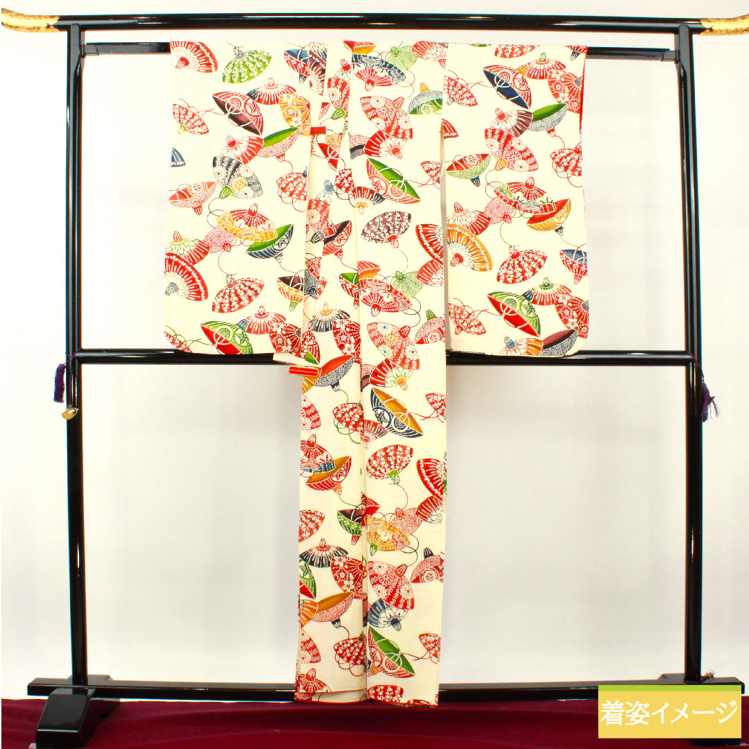 Komon silk, A-rank, length 157cm, sleeve length 64cm, lined, milky white, Kyoto Bingata, auspicious motif, cream-colored, 1115007263315
