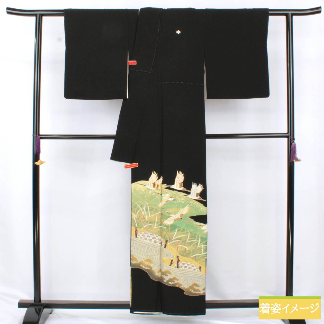 Black Tomesode (Tomesode) - Pure Silk, Rank B, Length 157cm, Sleeve Length 64.5cm, Lined, Five Crests (Gosan-kiri), Designed with a Paulownia Pattern, Crane, Pine, and Flowing Water - Black, Item Number: 1111001914310