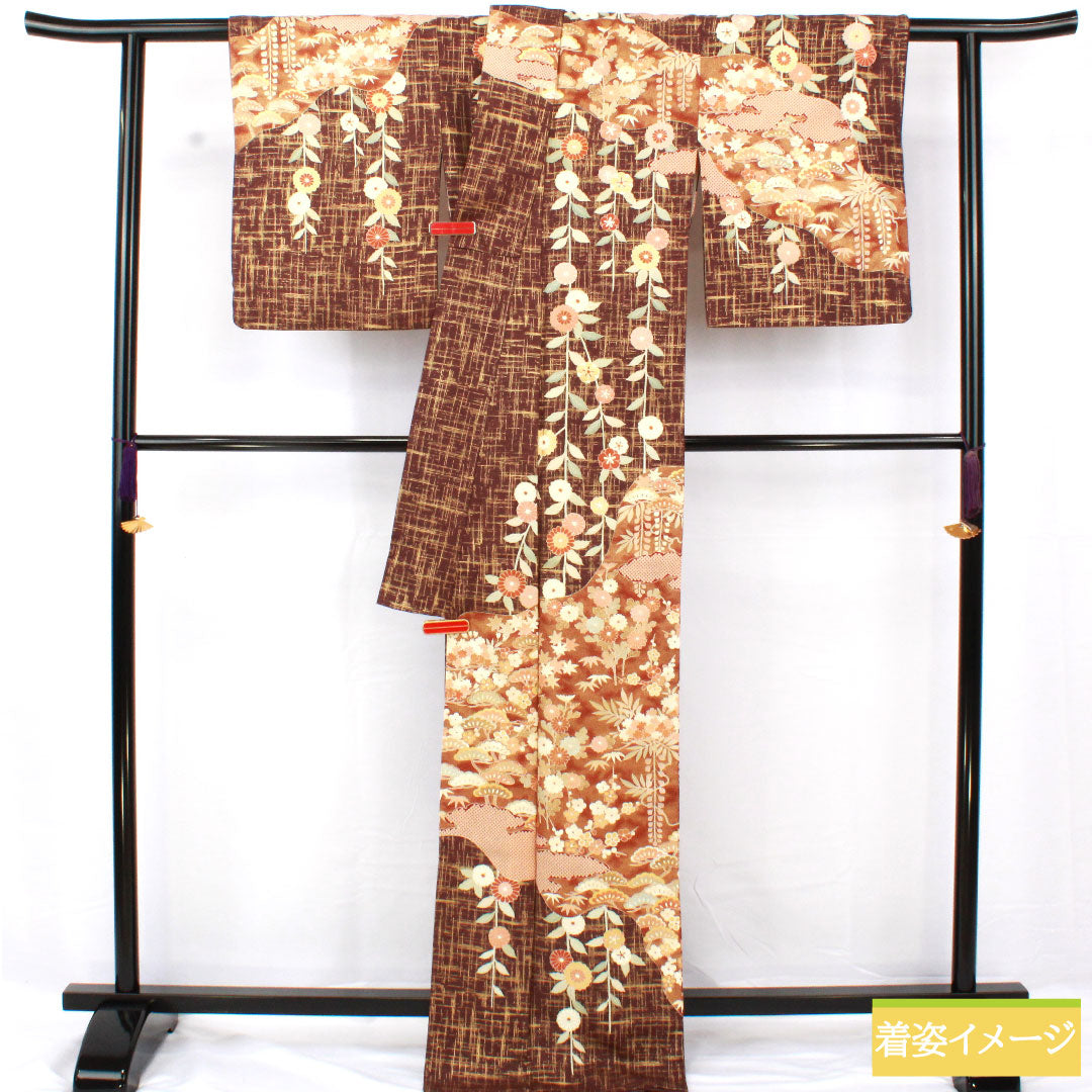 訪問着 正絹 袷 身丈170.5cm 裄丈63.5cm 黒紅梅色（くろこうばいいろ） 京友禅 松竹梅 菊 Sランク 茶系 1112004982614