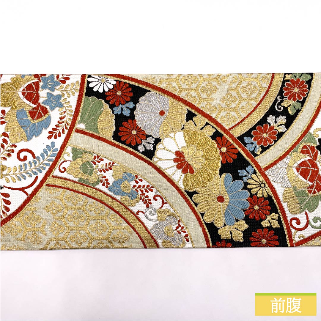 （未仕立）袋帯 正絹 Aランク 亀甲 振袖用 吉祥文様 桐  帯丈420cm 六通 フォーマル 金系 1123014203321