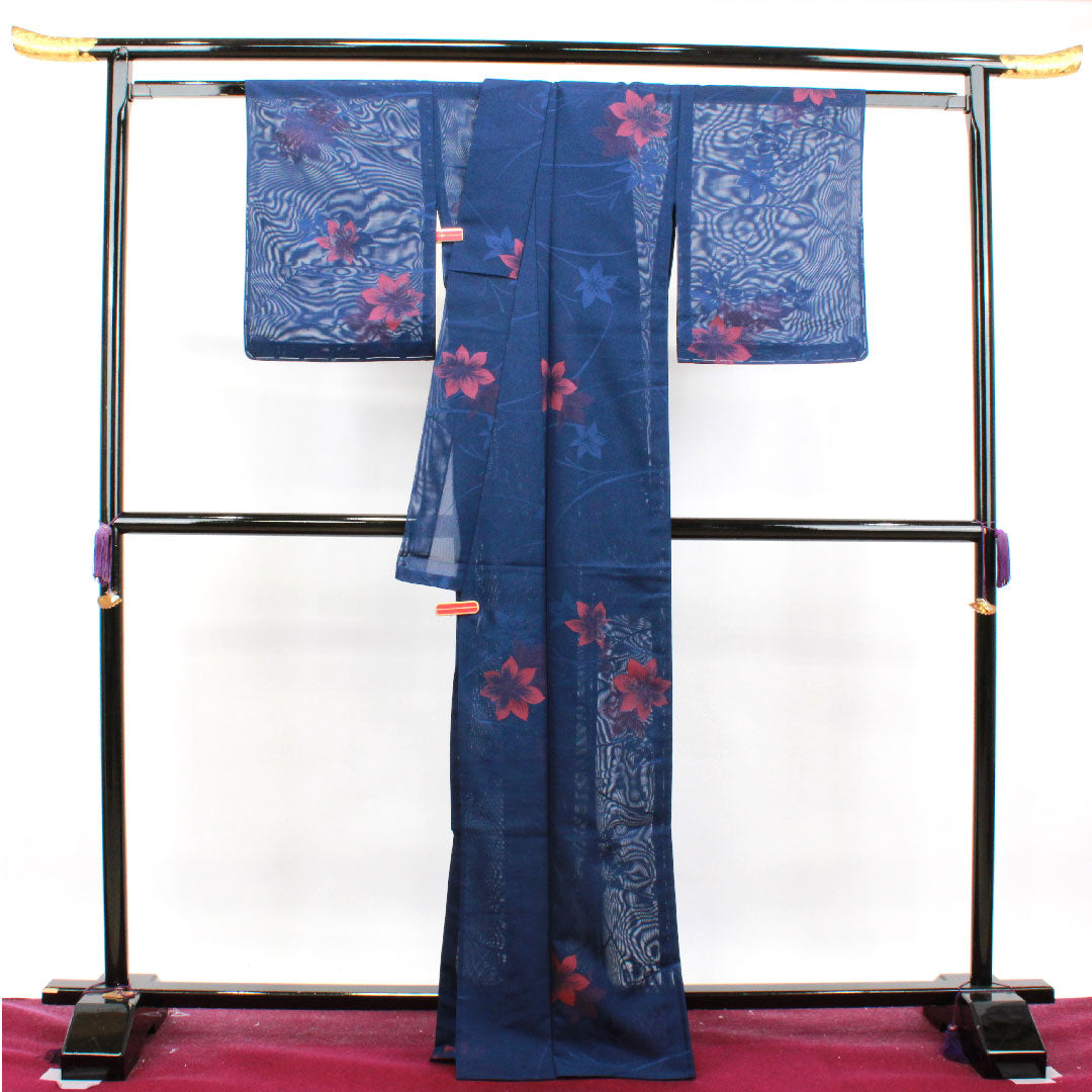 夏物 正絹 小紋 身丈168cm 裄丈63.5cm 紺桔梗色（こんききょういろ） 草花模様 しつけ糸付き 未使用品 紗 Sランク 紺系 1132001282518