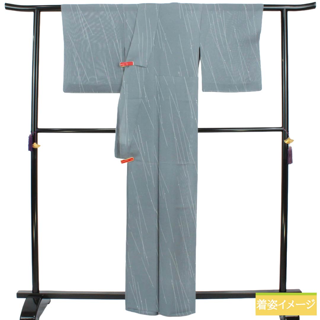 夏物 ポリエステル 小紋 Sランク 身丈162cm 裄丈63.5cm 藍生壁色（あいなまかべいろ） 抽象模様 洗える着物 絽 グレー系 1132003442422