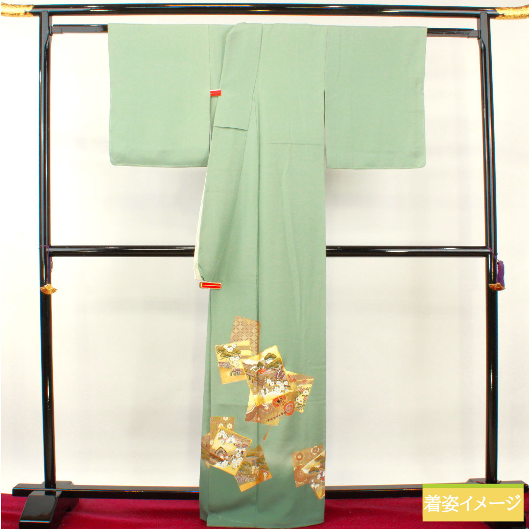 Colored Tomesode, pure silk, length 164.5cm, sleeve length 64.5cm, lined, celadon color, Kyoto Yuzen, period picture scroll pattern, circle with swallowtail butterfly, three crests, with basting thread, unused, S rank, three crests, green, 1111001212419