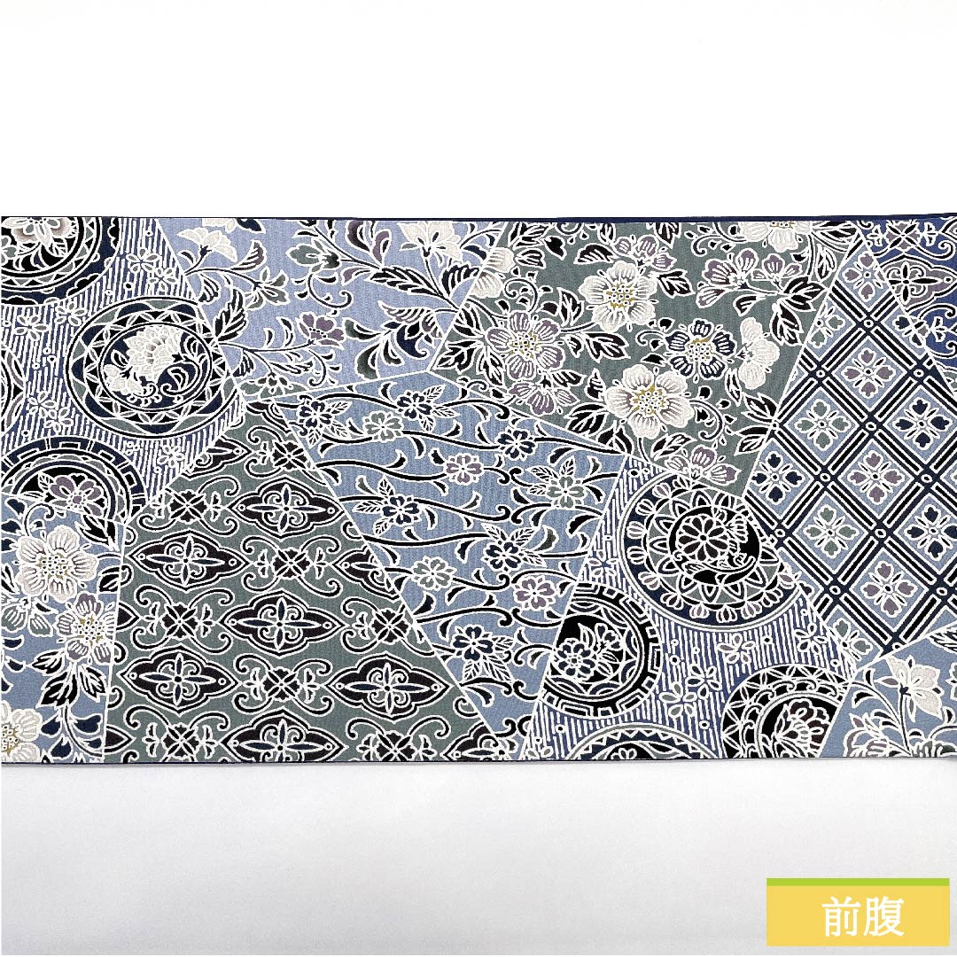 Fukuro Obi (light indigo blue) with a floral pattern and a cut-inlay look, obi length 453cm, pure silk, S rank, full length, casual, light blue, 1123009632424
