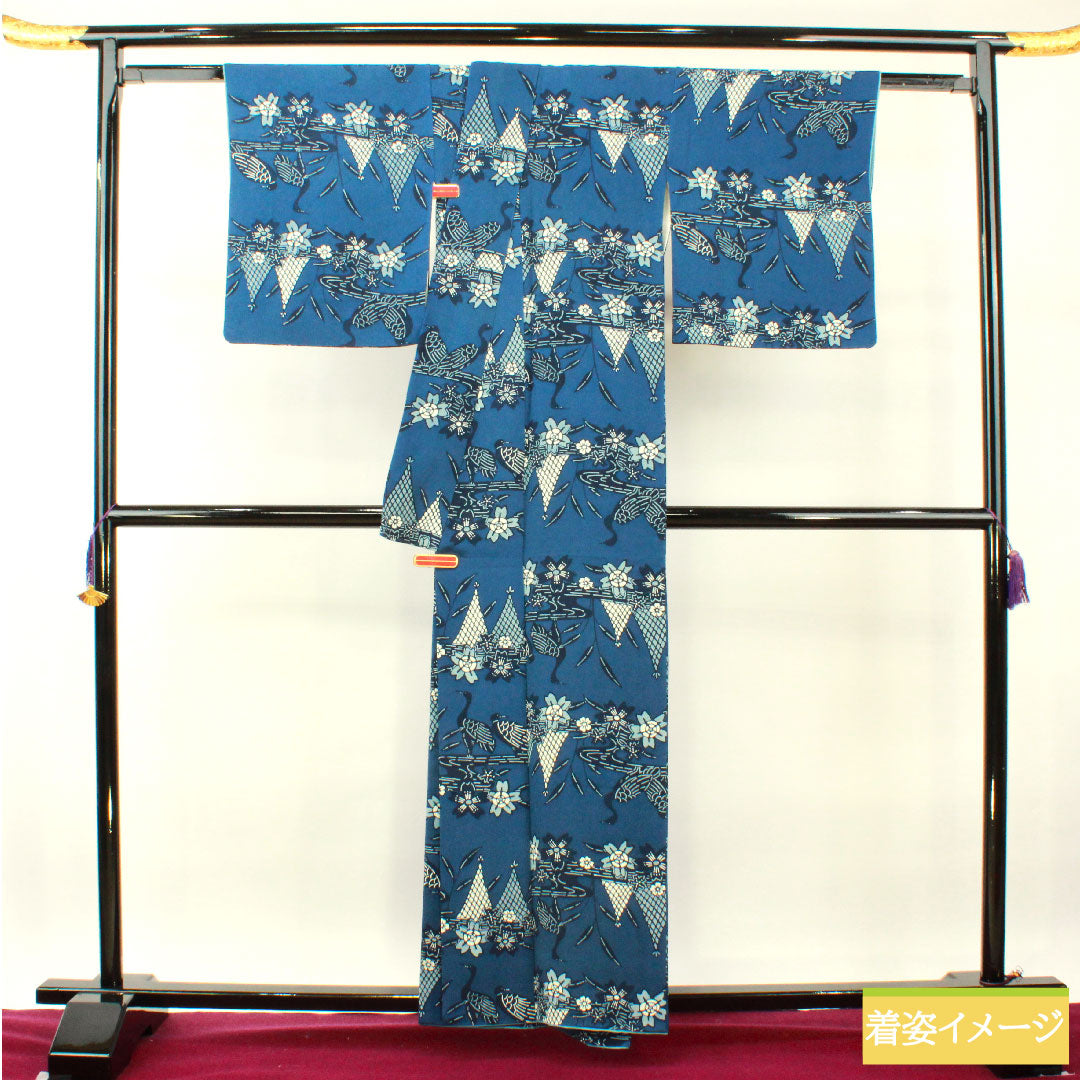 Komon, pure silk, length 158.5cm, sleeve length 65cm, lined, navy blue bellflower color, Kyoto Bingata, swan, cherry blossom, flowing water, S rank, navy blue, 1115004182318