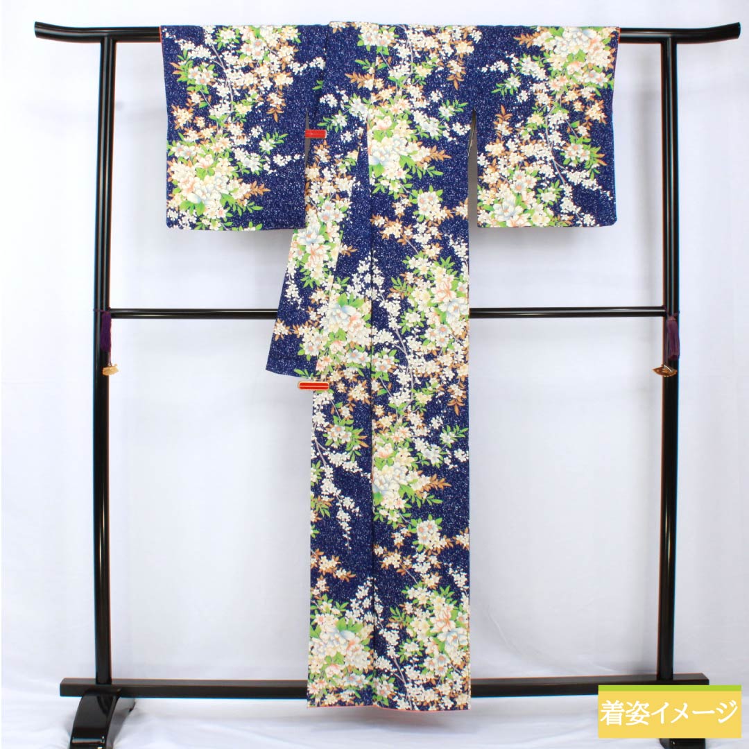 小紋 正絹 身丈158cm 裄丈63cm 袷 瑠璃色（るりいろ） 型染 総花 しつけ糸付き Sランク 紺系 1115005372318