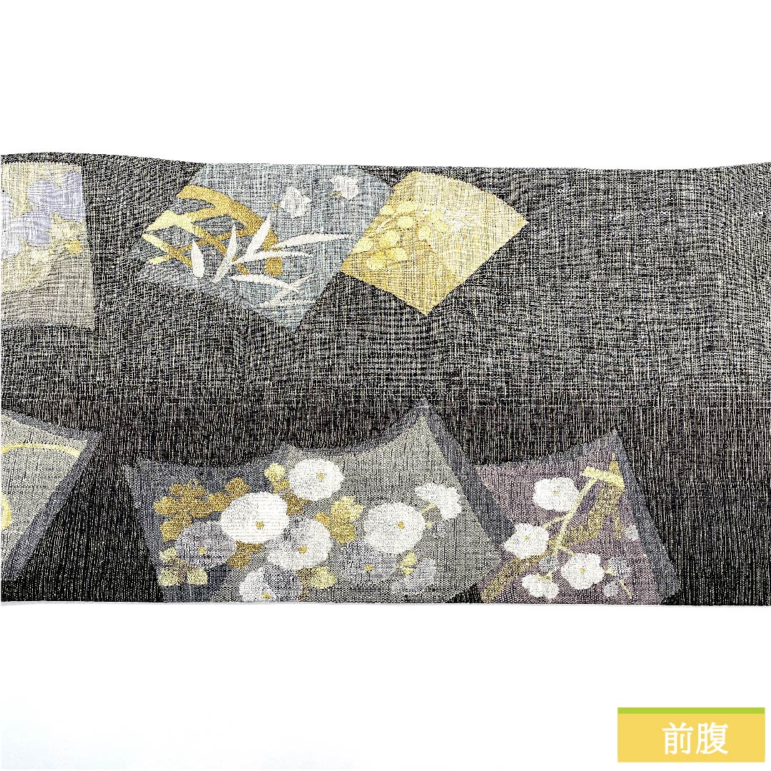 Fukuro Obi Black Tile Bellflower Dew Grass Marigold Obi Length 448cm Pure Silk S Rank Six-way Formal Black 1123010742310