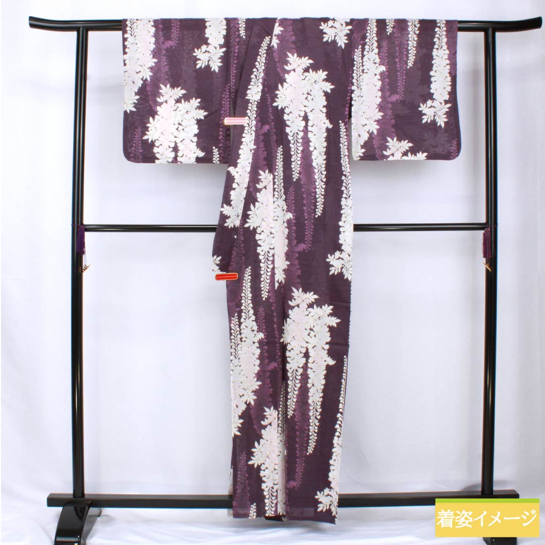 浴衣 木綿 身丈162cm 裄丈66cm Sランク 単衣 紫系 蒲萄紫色（ぶどうむらさきいろ） 藤 夢工房 1118005852420